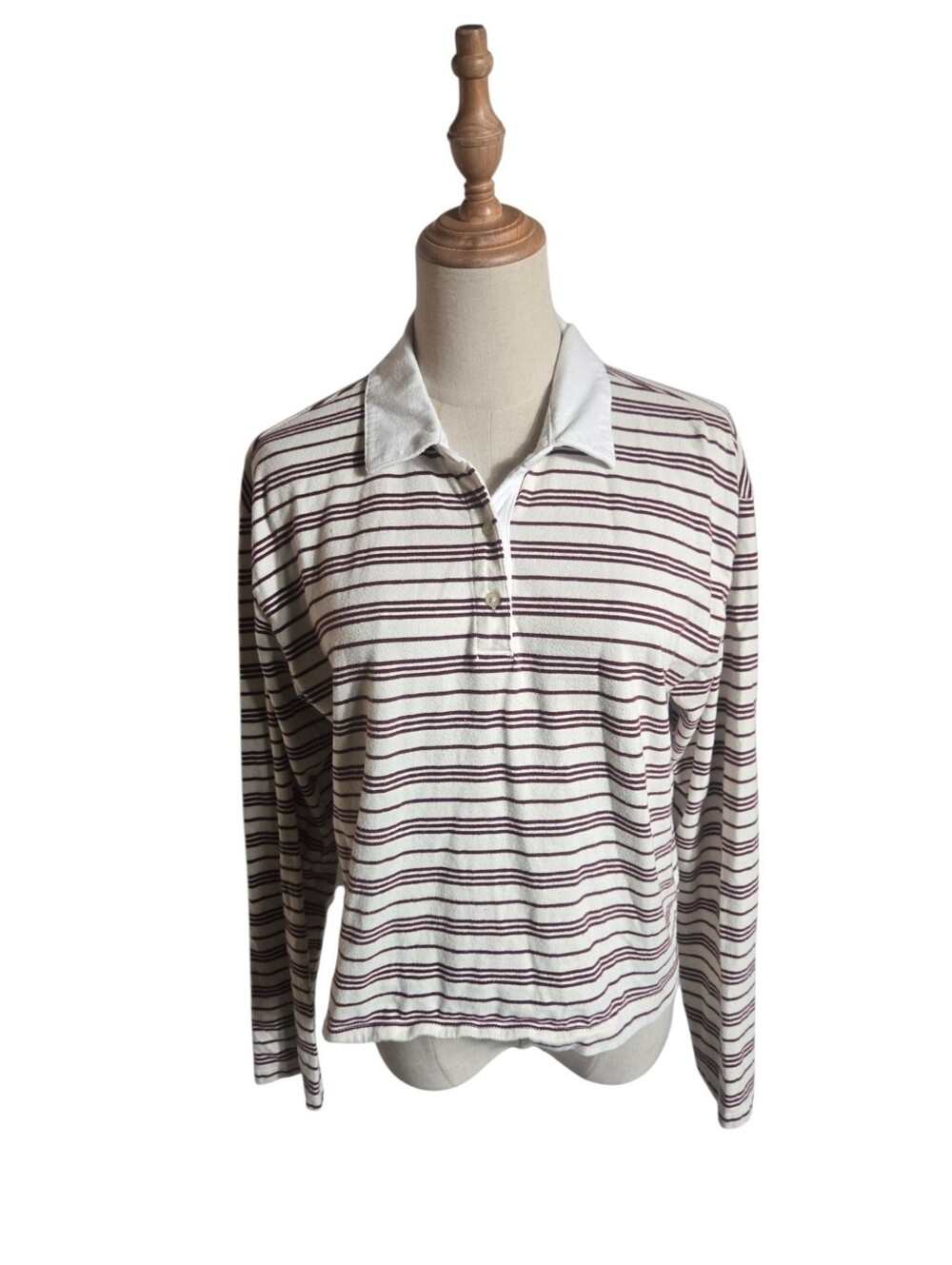 GAP Striped Long-Sleeve Polo Top in White and Brown